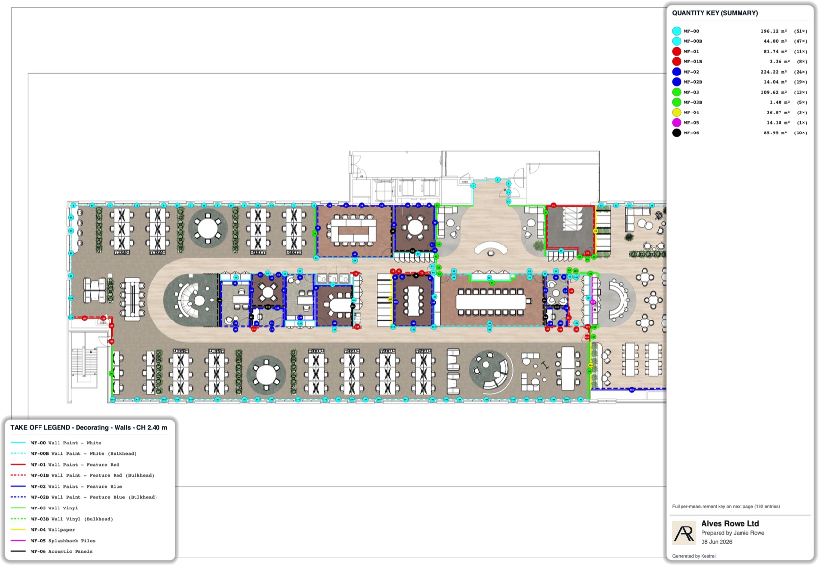 An annotated PDF export from Kestrel: an office floor plan colour-coded by wall finish, with a Take Off Legend and a Quantity Key summary, on the Alves Rowe title block